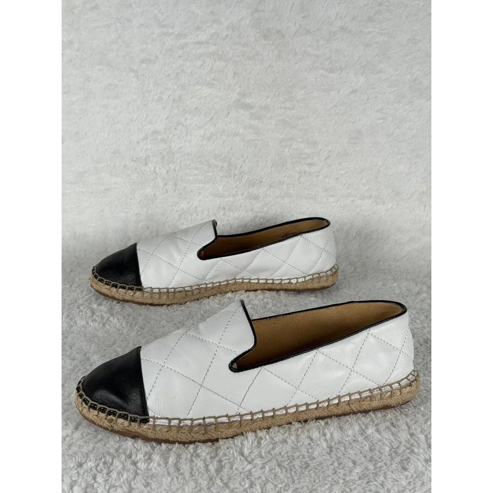 Talbots Espadrilles Women 6.5‎ White Black Quilted Leather Cap Toe Flats